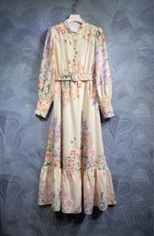 2024 Spring Floral Print Belted Buttons Dress Multicolor Long Sleeve Stand Collar Long Maxi Casual Dresses T3J091517