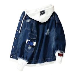 Jean Jacket Fake Two Piece Hooded Contrast Colour Streetwear Spring Autumn Loose Single Breasted Outerwear Coat for Outdoor 240109