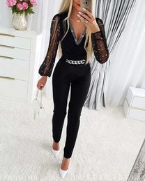 Deep V Neck Mesh Long Sleeve Jumpsuit Overall Women Black Elegant Chain Glitter Party Night Sexy Bodysuits 240109