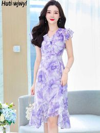Basic Casual Dresses Summer Purple Floral Chiffon Chic Ruffled Midi Dress Women Luxury Elegant Party Night Vestidos 2023 Korean Beach Sundress YQ240110