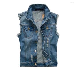 Men's Vests Big Size S-6XL Male Clothing Men Denim Vest With Pockets Ripped Sleeveless Jacket Casual Slim Waistcoats Distressed Colete