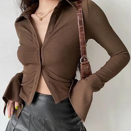 Women's Blouses Long Sleeve Polo Lapel Women Button Up Shirt Female Flared Ladies Solid Slim Crop Top Streetwear Spring Summer