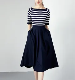 Women's Two Piece Pants Elegant Summer Knitting Blue White Striped Square Collar Sweater Set For Women High Waist Pockets Midi Skirt Suit