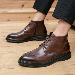 Classic Elegant Men's Oxford Business Casual Dress Boots for Men Leather Brown High Top Pointed Toe Brogue Shoes Man