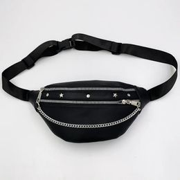 Stylish Rivet Chain Waist Bags For Women PU Leather Black Waist Pack Female Fanny Pack Wide Strap Crossbody Chest Bag Trend 240109