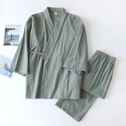 SpringAutumn Japanese Kimono Mens Pyjamas Men Sleepwear Male Thin Ninth Sleeve Lace-Up Top Pants Loose Two-piece Homewear 240110