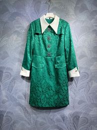 2024 Spring Contrast Colour Panelled Jacquard Dress Green Long Sleeve Lapel Neck Knee-Length Casual Dresses T3J021514