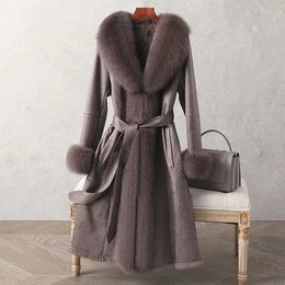 Designer Faux Rabbit Fur Coat Womens Mid-Length Winter Close-Fitting Leather Fox Furs Collar Cuffs Fur Coats With Belt