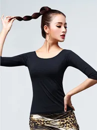 Stage Wear Solid Colour Latin Dance Practise Party Tops Competition Round Neck Costume Jazz Middle Sleeve Waltz 2024 T-shirt