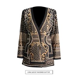 European and American style French court style heavy industry nail bead small suit 24 new bubble bead V-neck long sleeved printed patchwork jacket