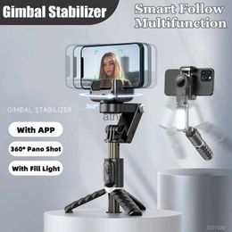 Selfie Monopods 2023 New Bluetooth Wireless Gimbal Stabiliser Selfie Stick 360 Degree Smart Face Tracking Live Recording with Fill Light YQ240110