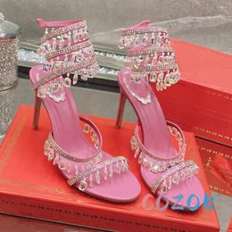 Sandals Sexy Rose-red Leather Crystal Lamp Tassel Wedding Shoes Peep Toe Thin Belt Designer Summer Luxurious Women's