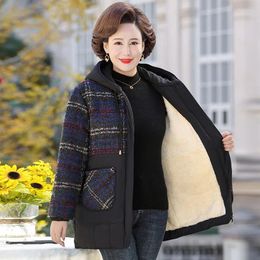 Women's Trench Coats Mothers Padded Jacket And Velvet Thickened Hooded Winter Coat Middle-Aged Elderly Womens Warm Plaid Cotton Clothes