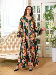 Ethnic Clothing Eid Floral Muslim Dress For Women Elegant Middle East Evening Party Jalabiya Arab Long Sleeve Islam Turkey Print