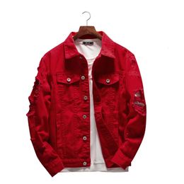 Men's Jean Jacket Slim Fit Cotton Denim Red White Black Ripped Hole Coats Men Outerwear Plus Size Streetwear 240109
