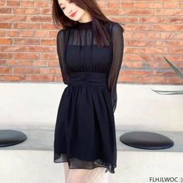 Casual Dresses French Black 2024 Design Women Summer Long Sleeve Elegant Office Lady Sexy Sheer Mesh Dress
