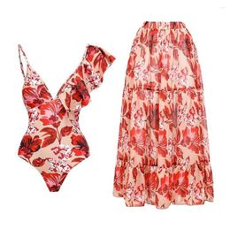 Women's Swimwear Red Print Sling Bikini Set Cover Up One-Shoulder Ruffle V-Neck Backless Sexy Beachwear High Waist One-Piece Swimsuit