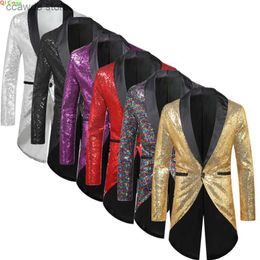 Men's Suits Blazers Gold Sequin Suit Jacket Men's Performance/Party Dress Coats Red Silver Male Blazers Purple White Black Collar Tuxedo T240110