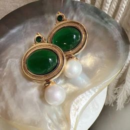 Stud Earrings Brass Retro Green Stone Shell Pearl Women Jewelry Punk Party T Show Gown Runway Trendy Korean Japan Style INS