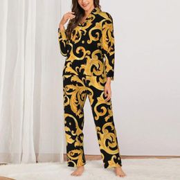 Women's Sleepwear Baroque Print Pyjamas Female Gold Floral Romantic Home Autumn 2 Piece Loose Oversized Design Pyjama Set