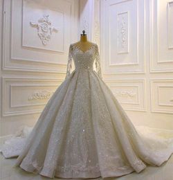 White Wedding Dresses Ivory Bridal Gowns A Line O-Neck Long Sleeve Floor-Length Tulle Applique Beaded Custom Zipper Lace Up Plus Size New