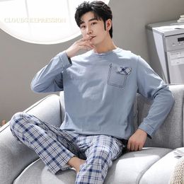 Spring Autumn L4XL Knitted Cotton Simple Mens Pyjamas Suits Pajamas Set Casual Male Sleepwear Night Pijamas Homewear 240110