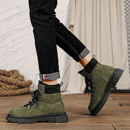 Winter Veet Green Boot Fashion Leather Outdoor Warm Fur Man Trendy Plush Platform Lace-up P Suede Boots for Men