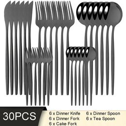 30Pcs Black Dinnerware Set Knife Cake Fork Spoon Cutlery Set Stainless Steel Tableware Kitchen Flatware Silverware Drop 240110