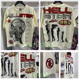 hellstar t shirt designer t shirts graphic tee clothing clothes hipster washed fabric Street graffiti Lettering foil print Vintage Black Loose fitting p XIYD