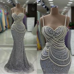 Zarif denizkızı gece elbiseler İnciler Sequins Spagetti Strap Party Prom Dress Illusion Secrufess Uzun Elbise Özel Durumlar İçin