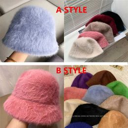 Hat Winter Women Fashion Solid Colour Rabbit Fur Hat Bucket Cap Fisherman Retro Knitted Wool Basin Bucket 230920