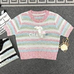 O-Neck Women's Short Sleeve Rainbow Colour Stripe Knitted Letter Embroidery Sweater Tees SML