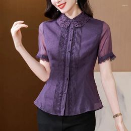 Women's Blouses Chic And Elegant Lace Embroidery Collar Pleate Chiffon Blouse For Women 2024 Summer Office Ladies Slim Causal Patchwork Top