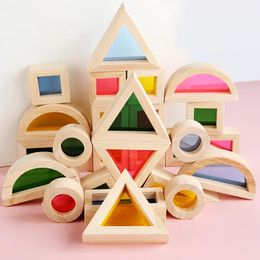 Rainbow Blocks Transparent Acrylic Stacking Toys Solid Rubber Wood Wooden Building Stacker Montessori for Kids Children 240110