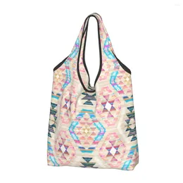 Shopping Bags Woven Textured Pastel Kilim Pattern Bag Women Portable Big Vintage Turkish Geometric Ethnic Art Shopper Tote