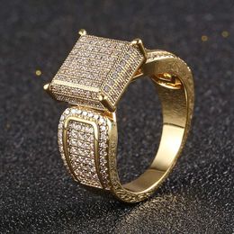 Hip HopFashion 18k Gold Plated Iced Out White Cz Square Ring for Men Hip Hop Engagement Ring Men Wedding Band Party Jewelry