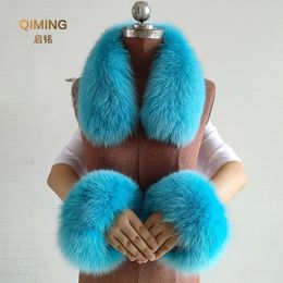 Real Fur Collar Fur Cuffs Set Winter Fox Fur Scarf Neck Warmer Women Coat Decoration Natural Scarves Luxury Thick Shawls Wraps 240110