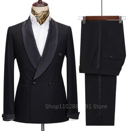Men Suit Black Satin Lapel Tuxedo 2 Pieces Double Breasted Wedding Shawl Party Costume Groom Male Wear 240110