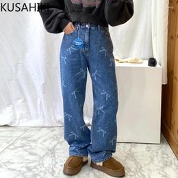 Women's Pants KUSAHIKI Korea Chic Spring High Waisted Bow Printed Fashion Washed Demin Long 2024 Straight Jeans Trousers