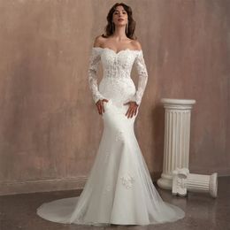 Gorgeous White Tulle Wedding Dress Applique Crystal Beaded Long Sleeve Mermaid Floor Length Bridal Gown Vestidos De Novia YD 328 328