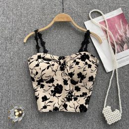 Women's Tanks Floral Print Top Korean Fashion Basic Slim Crop Sweet Off Shoulder Corset Bustier Summer Women Sling Tops