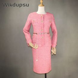 Autumn Winter 2 Piece Set Women Woollen Tweed Blazer Jacket Coat Midi Pencil Skirt Suits Outfit Work Office Lady Luxury Wear 240109