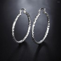 Hoop Earrings High Quality 925 Sterling Silver For Women Jewellery Elegant Lattice Pattern 4CM Big Circle Gifts