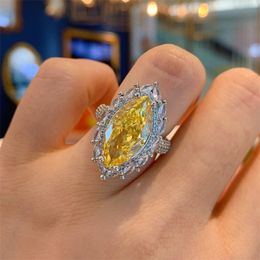 Sparkling Wedding Rings Luxury Jewellery 925 Sterling Silver Marquise Cut Yellow 5A Cubic Zircon Large Party Women Engagement Bridal Ring For Lover Gift