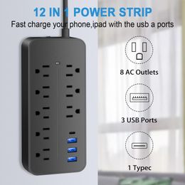 Surge Protector Power Strip Extension Cord with USB C Black Flat Plug Power Strip with 1.2M Cord, 8 Outlets and 3 USB & 1 USB-C Port,1700J Wall Mount Desk Multiple Outlets