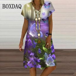 Casual Dresses Elegant Butterfly Print For Women 2024 Oversized Clothing Fashion V-Neck Short Sleeve Loose Street Dress Sundress
