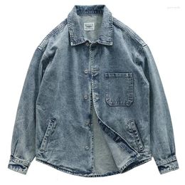 Men's Jackets Heavy Workwear Shirt Jacket American Retro Washed Trendy Loose Shoulder Distressed Lapel Denim Coat For Men