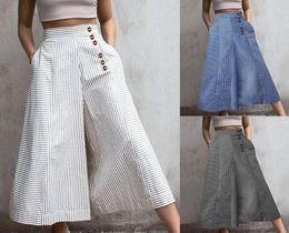 Women's Pants Arrival Europe 2024 Amazons Wishes Summer Fashion High-waisted Striped Wide-leg Button Loose Casual
