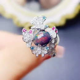 Cluster Rings Natural Real Black Opal Ring Butterfly Style 7 9mm 1.1ct Gemstone 925 Sterling Silver Fine Jewellery J23866