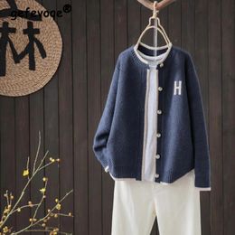 Womens Clothing 2023 Vintage Preppy Style Contrast Colour Single Breasted Knitted Cardigan Autumn Casual Long Sleeve Sweater Coat 240109